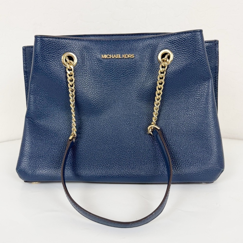 Michael Kors Navy Blue Large Teagan Large Pebbled Leather Shoulder Bag Purse - Picture 2 of 12